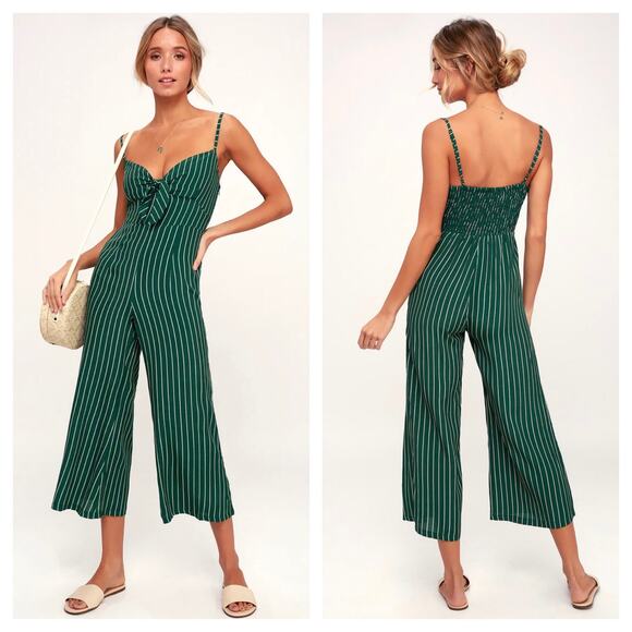 Faithfull The Brand Presley Jumpsuit Size Small Green Striped Tie-Front Wide-Leg - Picture 1 of 13